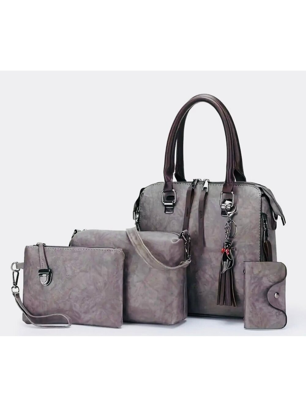 New -Gorgeous -4Pcs Multi Functional - Faux Leather -Tote Bag Set -Gray